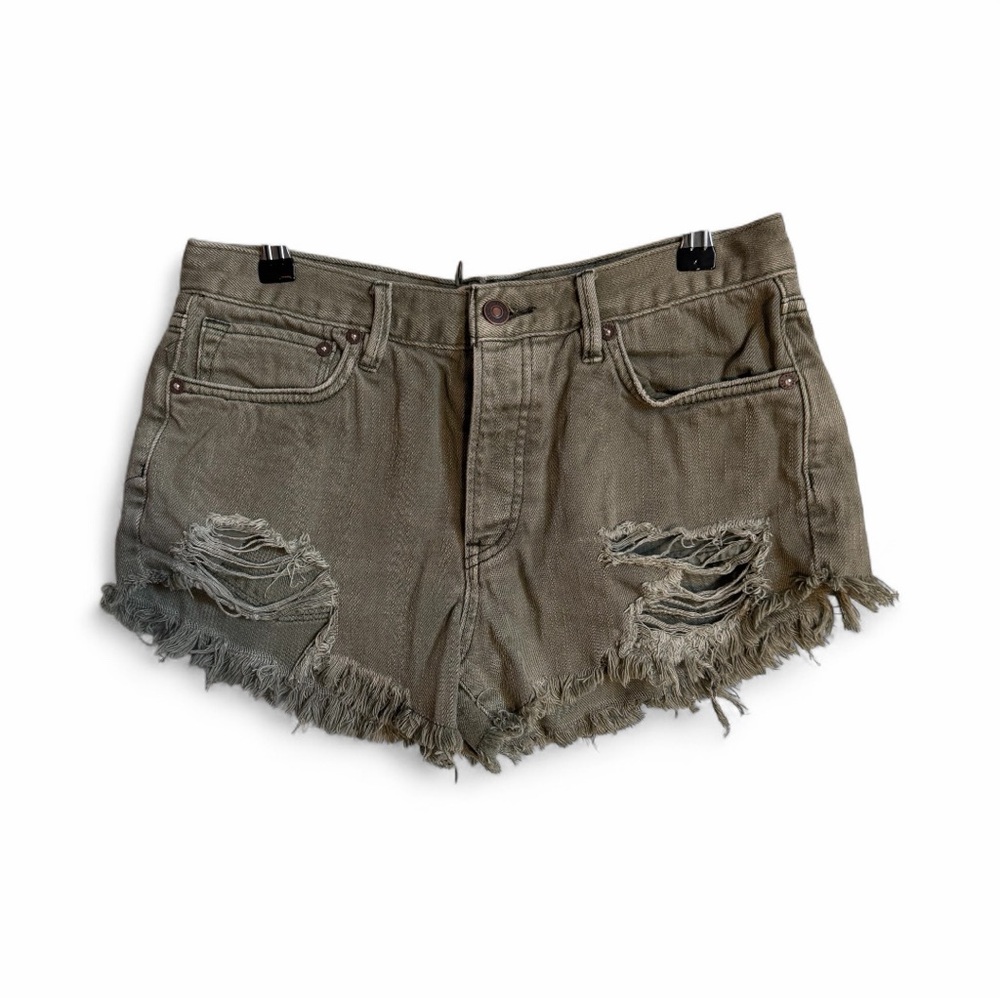 Free People Olive Green Distressed Y2K Cutoff Denim Shorts Size 27 / UK 8